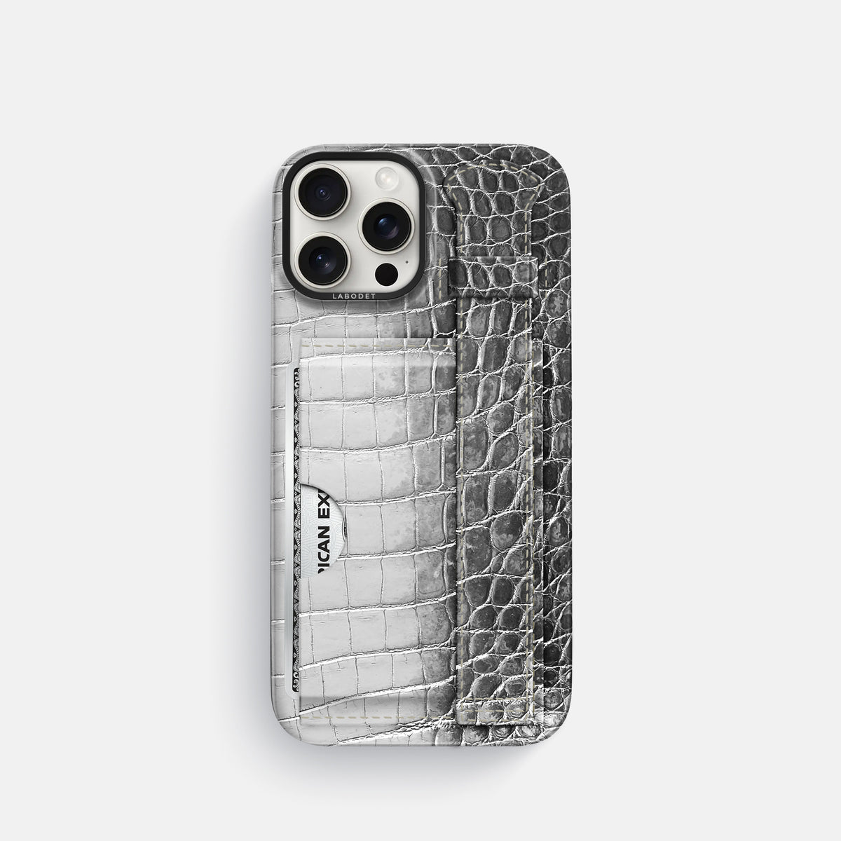 Silver iPhone 16 Pro Cardholder Strap Himalayan Crocodile with Black Metal -1 | Silver-Black