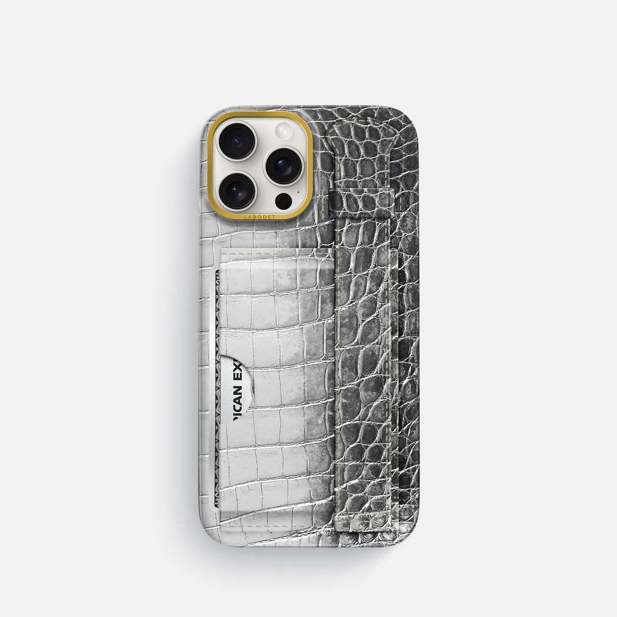 Silver iPhone 16 Pro Cardholder Strap Himalayan Crocodile with Gold Metal -1 | Silver-Gold
