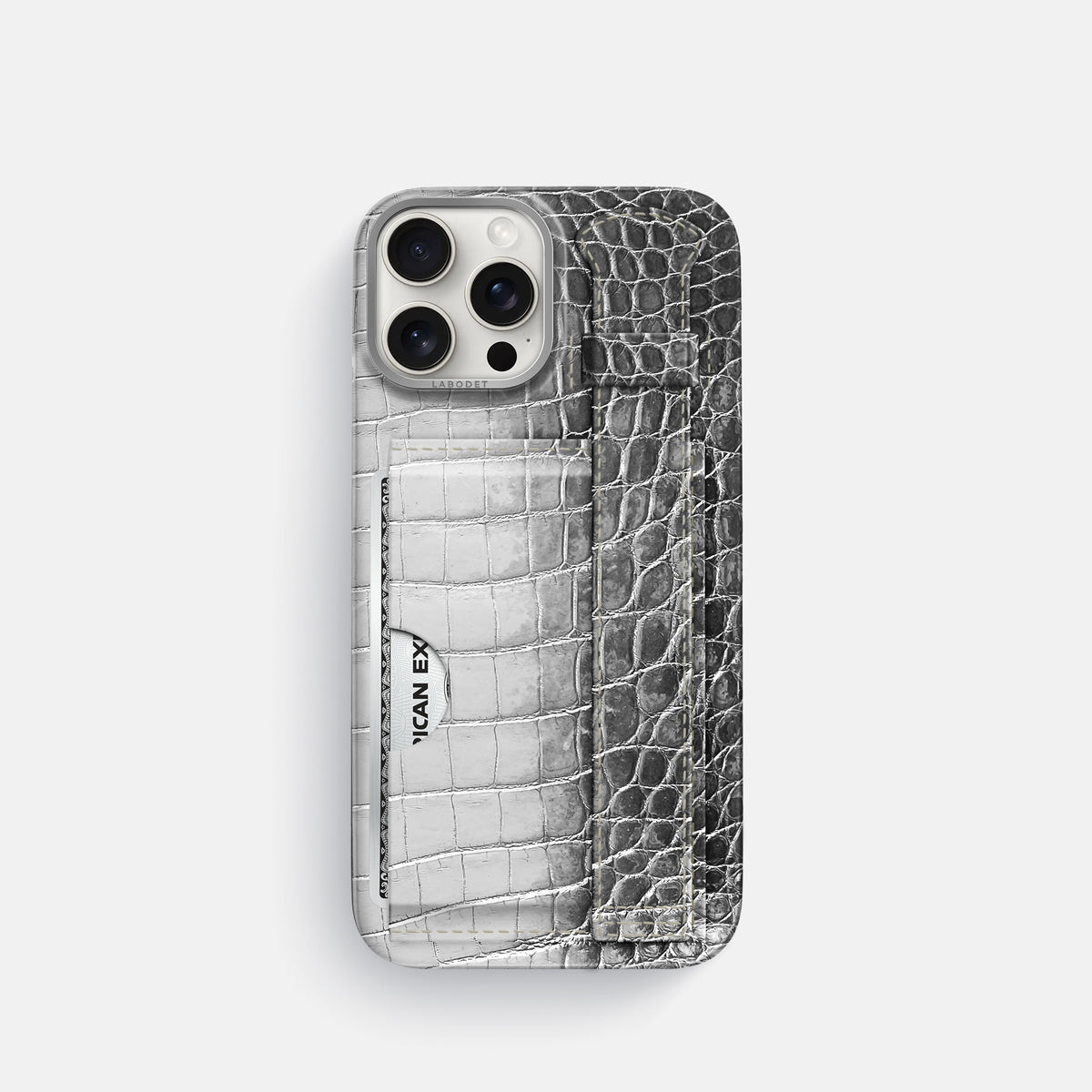 Silver iPhone 16 Pro Cardholder Strap Himalayan Crocodile with Steel Metal -1 | Silver-Steel