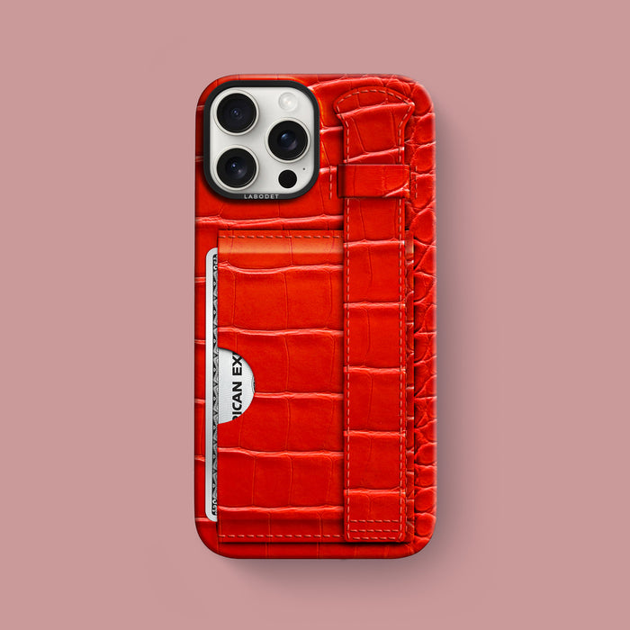 iPhone 16 Pro Max Cardholder Strap Case 1/1 Deep Coral Alligator with Black Metal -1 | Deep-Coral-Black