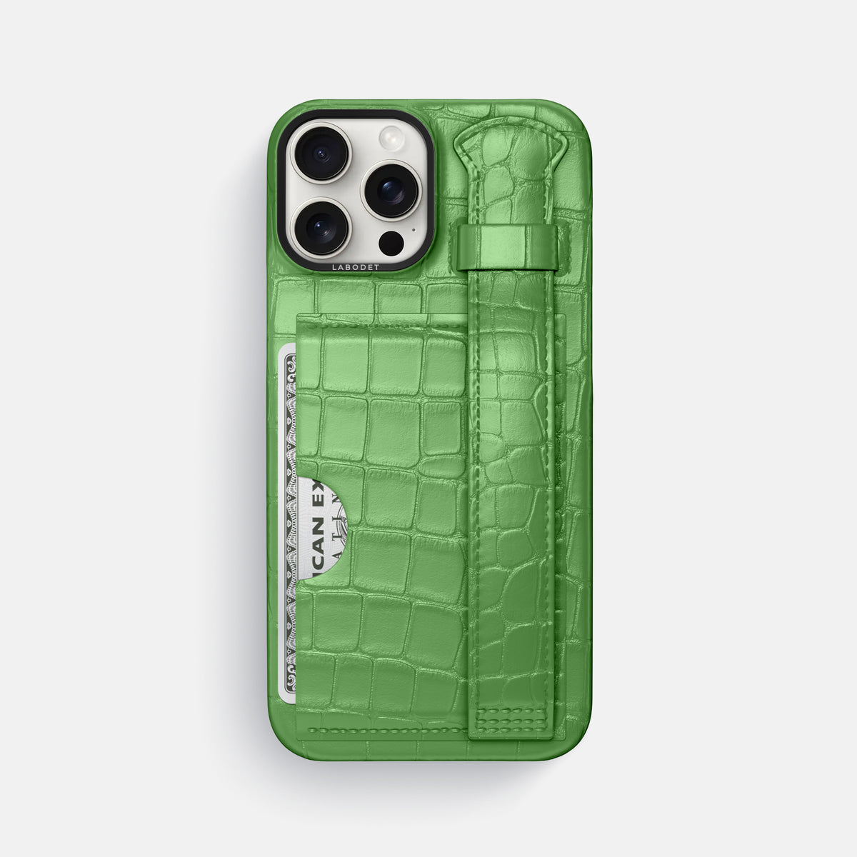 Apple-Green iPhone 16 Pro Max Cardholder Strap Case Alligator with Black Metal -1 | Apple-Green-Black