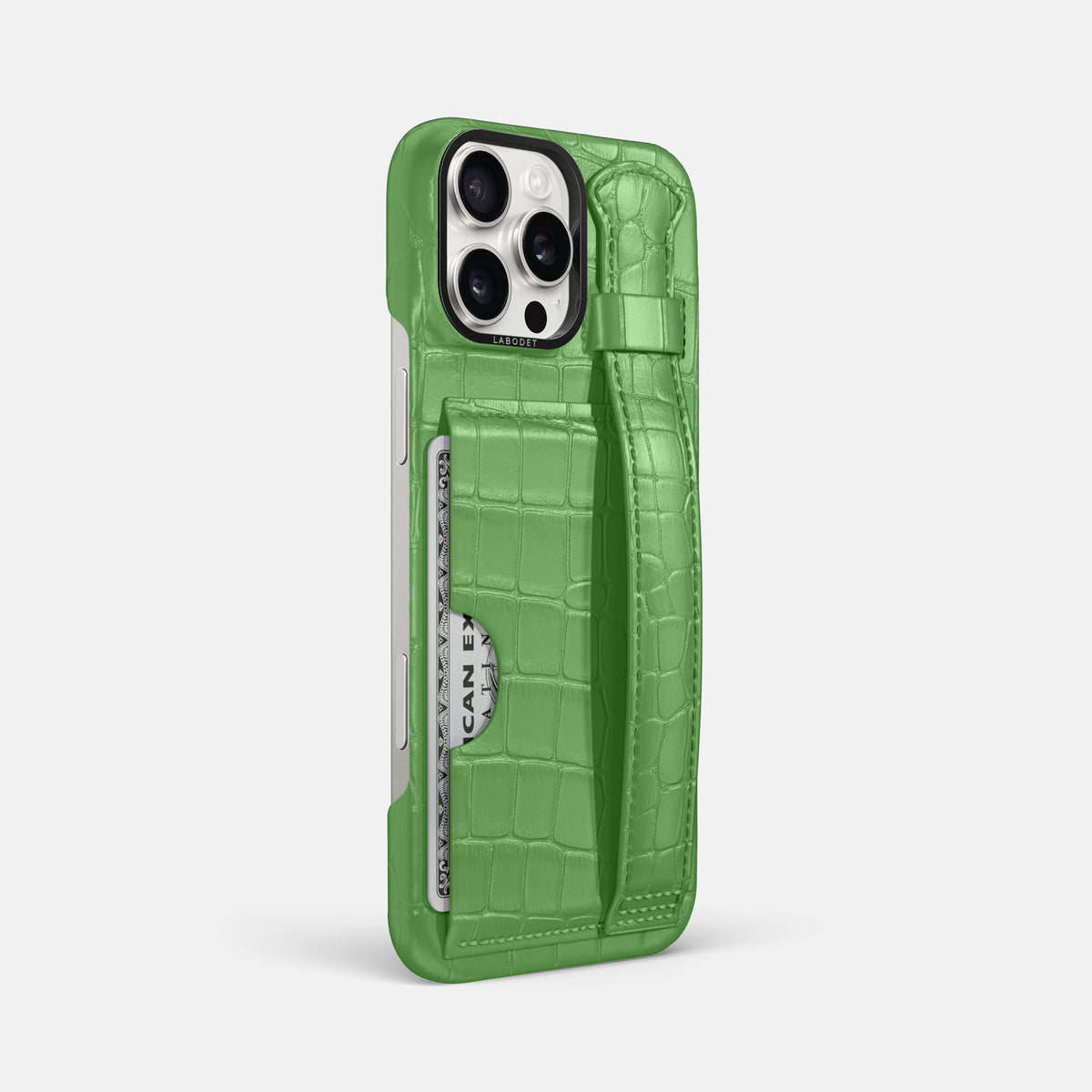 Apple-Green iPhone 16 Pro Max Cardholder Strap Case Alligator with Black Metal -2 | Apple-Green-Black