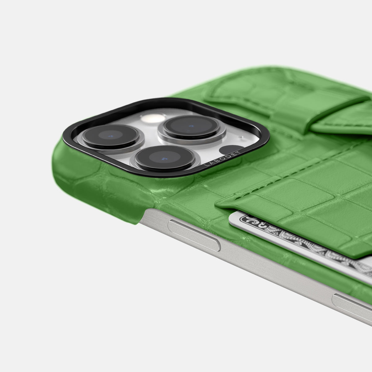 Apple-Green iPhone 16 Pro Max Cardholder Strap Case Alligator with Black Metal -5 | Apple-Green-Black