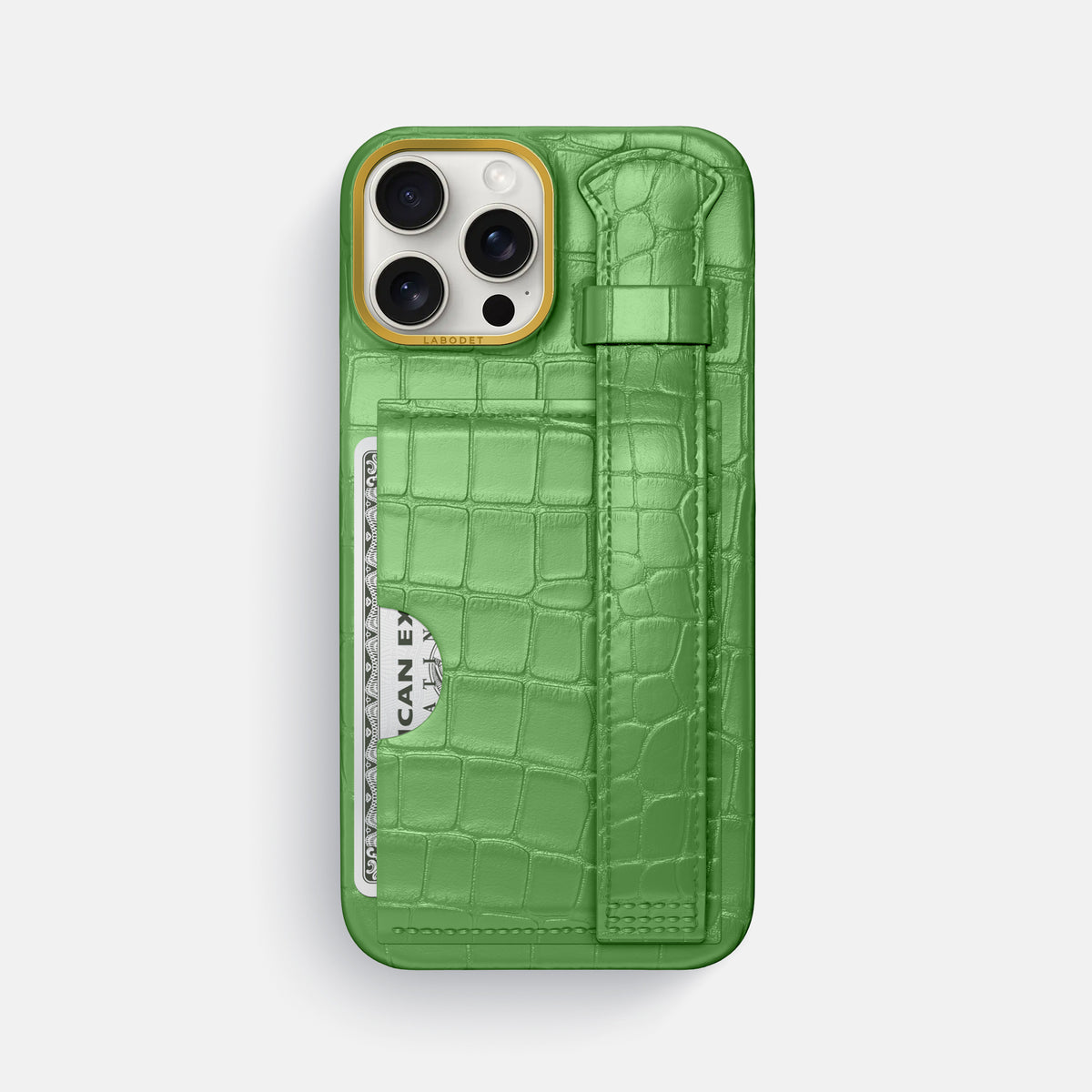 Apple-Green iPhone 16 Pro Max Cardholder Strap Case In Alligator with Gold Metal -1 | Apple-Green-Gold