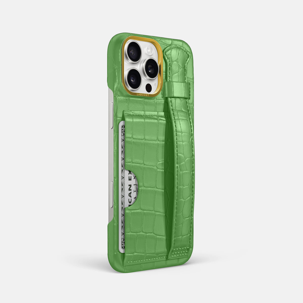 Apple-Green iPhone 16 Pro Max Cardholder Strap Case In Alligator with Gold Metal -2 | Apple-Green-Gold