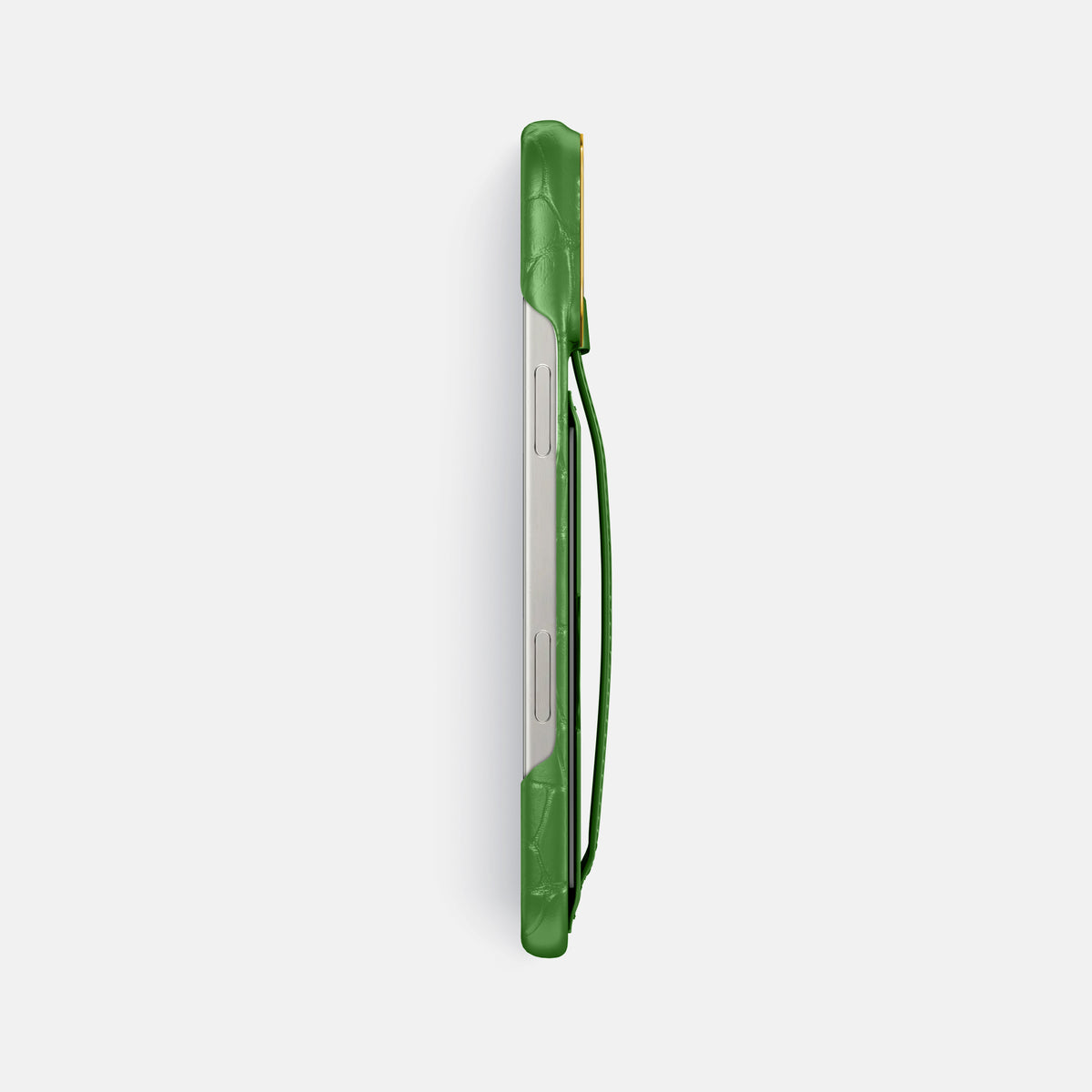 Apple-Green iPhone 16 Pro Max Cardholder Strap Case In Alligator with Gold Metal -3 | Apple-Green-Gold