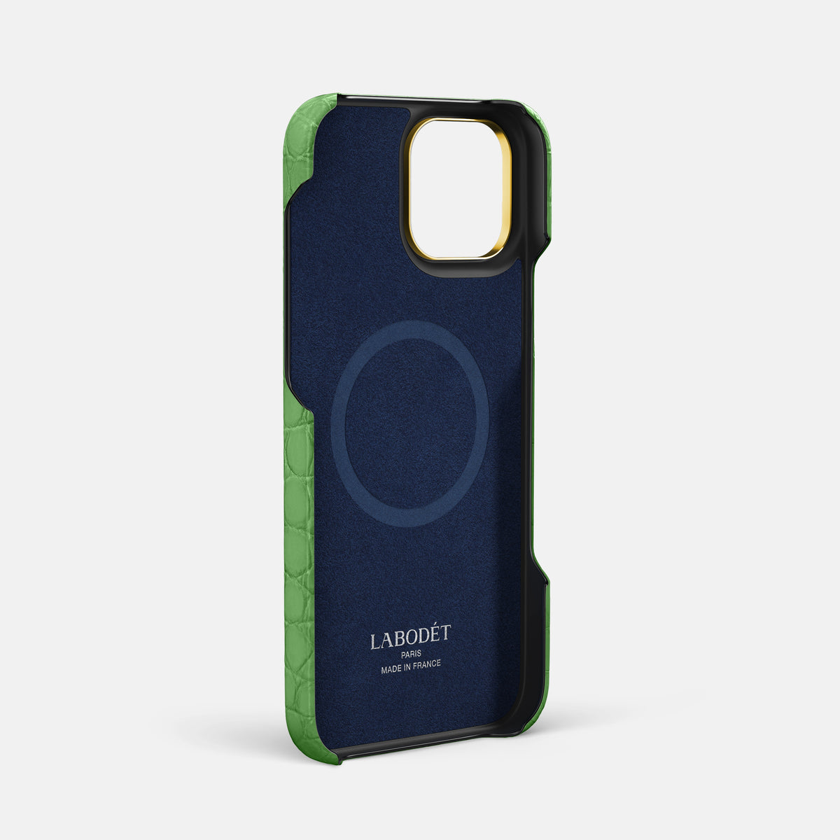 Apple-Green iPhone 16 Pro Max Cardholder Strap Case In Alligator with Gold Metal -4 | Apple-Green-Gold