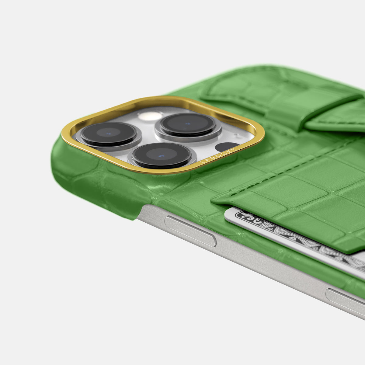 Apple-Green iPhone 16 Pro Max Cardholder Strap Case In Alligator with Gold Metal -5 | Apple-Green-Gold