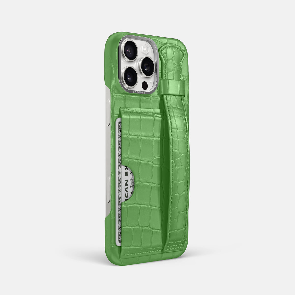 Apple-Green iPhone 16 Pro Max Cardholder Strap Case Alligator with Steel Metal -2 | Apple-Green-Steel