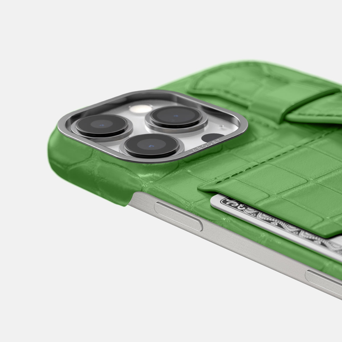 Apple-Green iPhone 16 Pro Max Cardholder Strap Case Alligator with Steel Metal -5 | Apple-Green-Steel