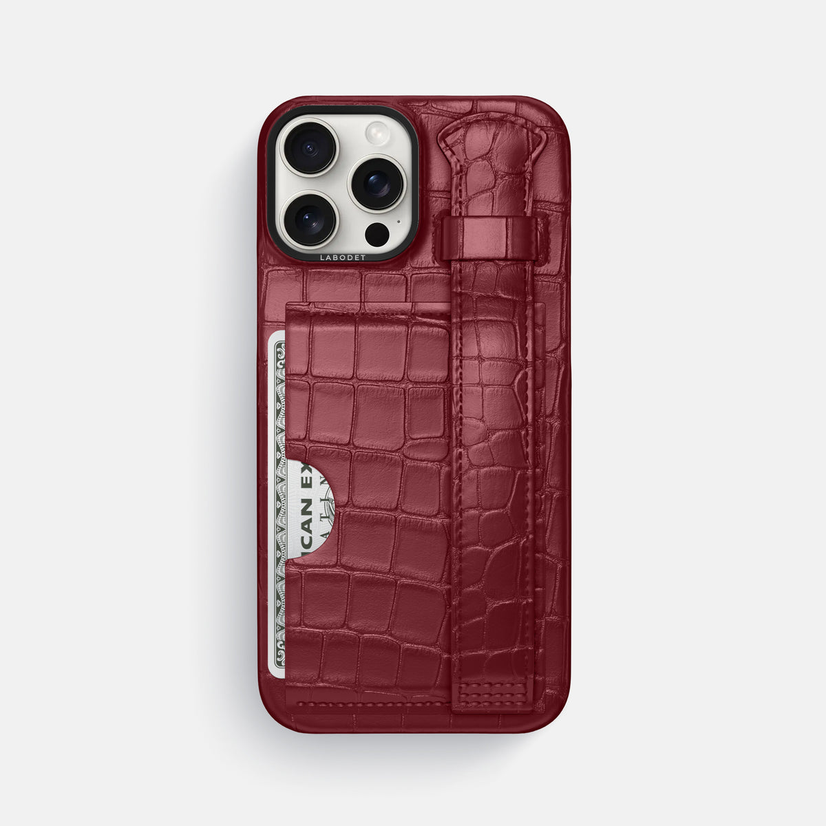 Burgundy iPhone 16 Pro Max Cardholder Strap Case Alligator with Black Metal -1 | Burgundy-Black