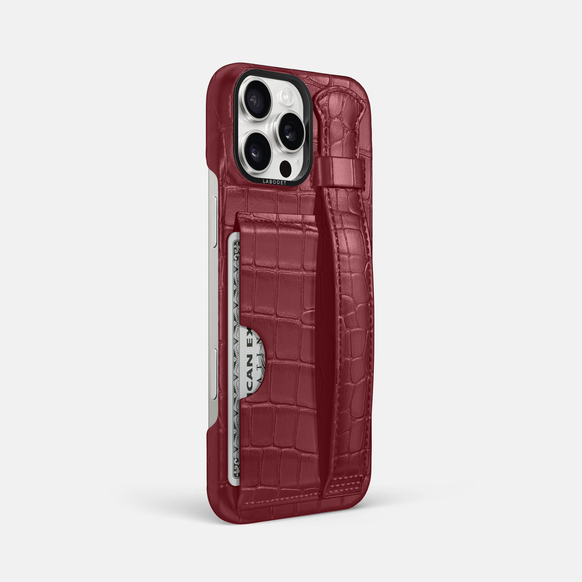 Burgundy iPhone 16 Pro Max Cardholder Strap Case Alligator with Black Metal -2 | Burgundy-Black
