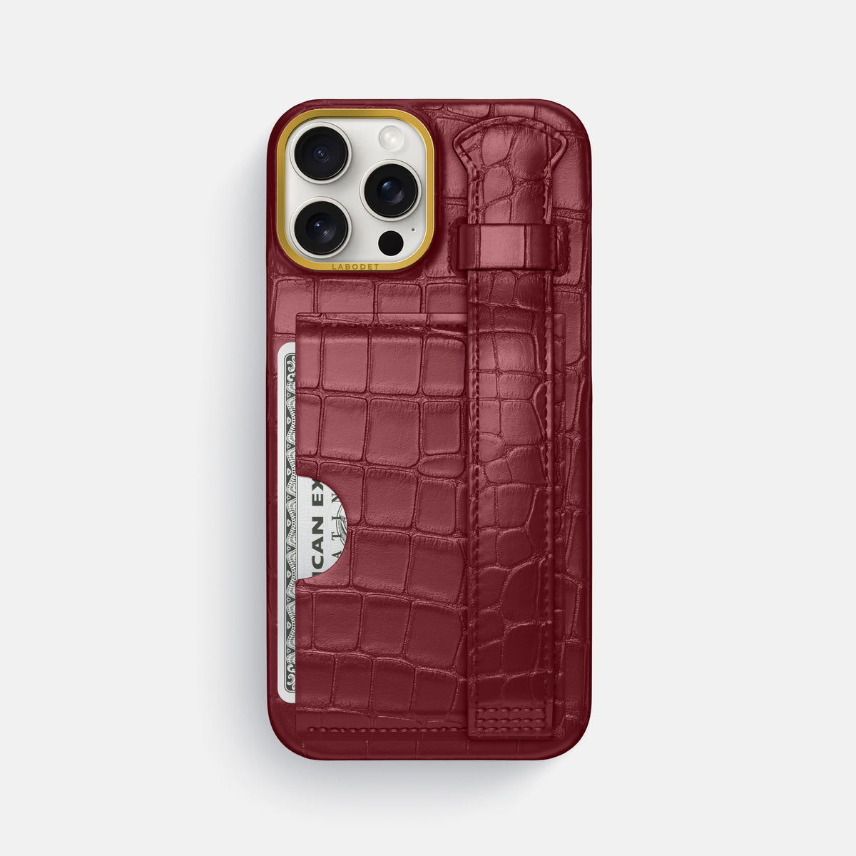Burgundy iPhone 16 Pro Max Cardholder Strap Case In Alligator with Gold Metal -1 | Burgundy-Gold