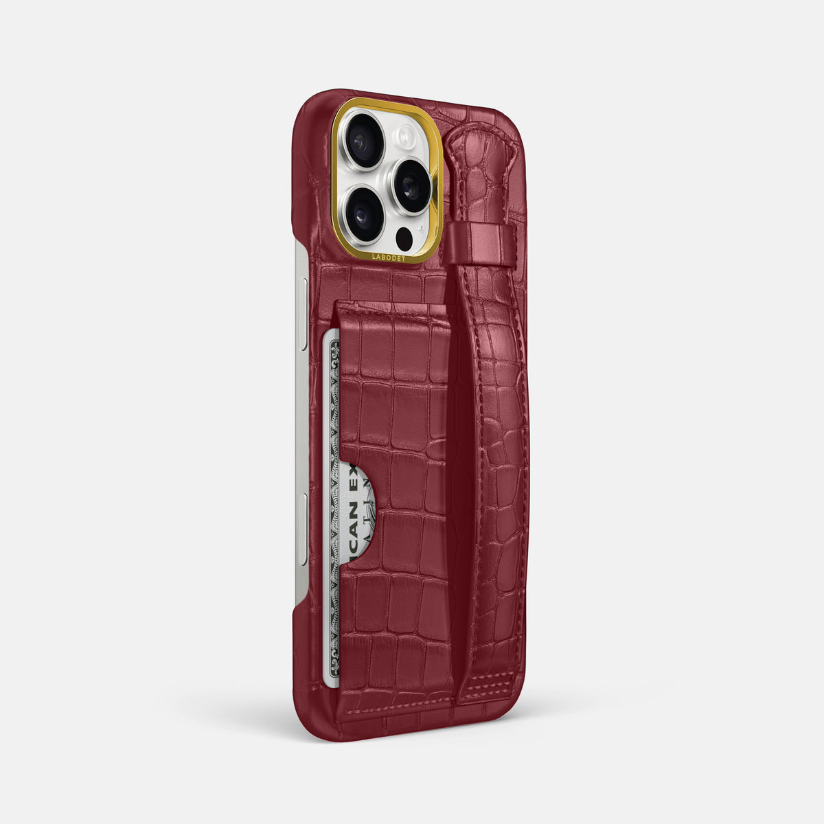 Burgundy iPhone 16 Pro Max Cardholder Strap Case In Alligator with Gold Metal -2 | Burgundy-Gold