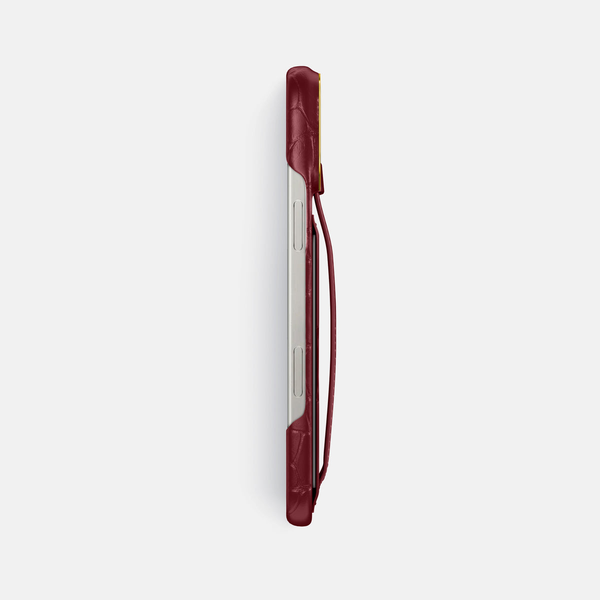 Burgundy iPhone 16 Pro Max Cardholder Strap Case In Alligator with Gold Metal -3 | Burgundy-Gold