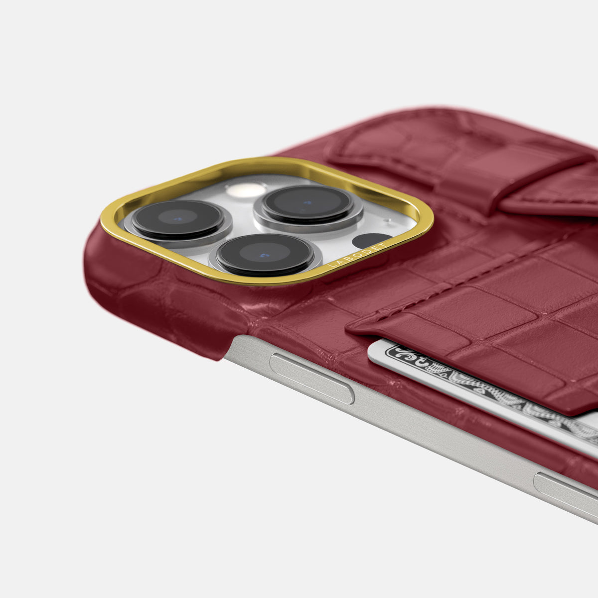 Burgundy iPhone 16 Pro Max Cardholder Strap Case In Alligator with Gold Metal -5 | Burgundy-Gold