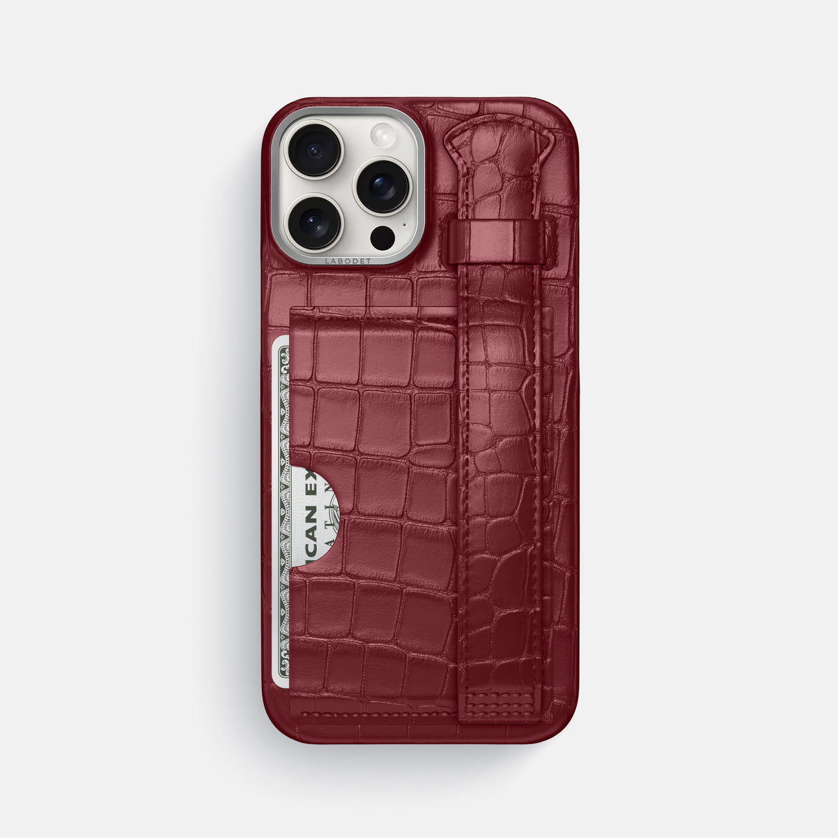 Burgundy iPhone 16 Pro Max Cardholder Strap Case Alligator with Steel Metal -1 | Burgundy-Steel