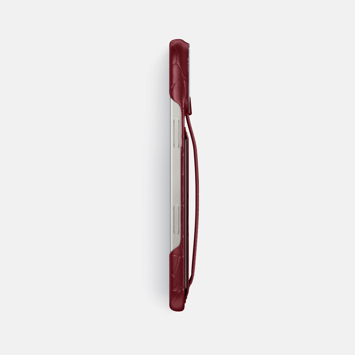 Burgundy iPhone 16 Pro Max Cardholder Strap Case Alligator with Steel Metal -3 | Burgundy-Steel