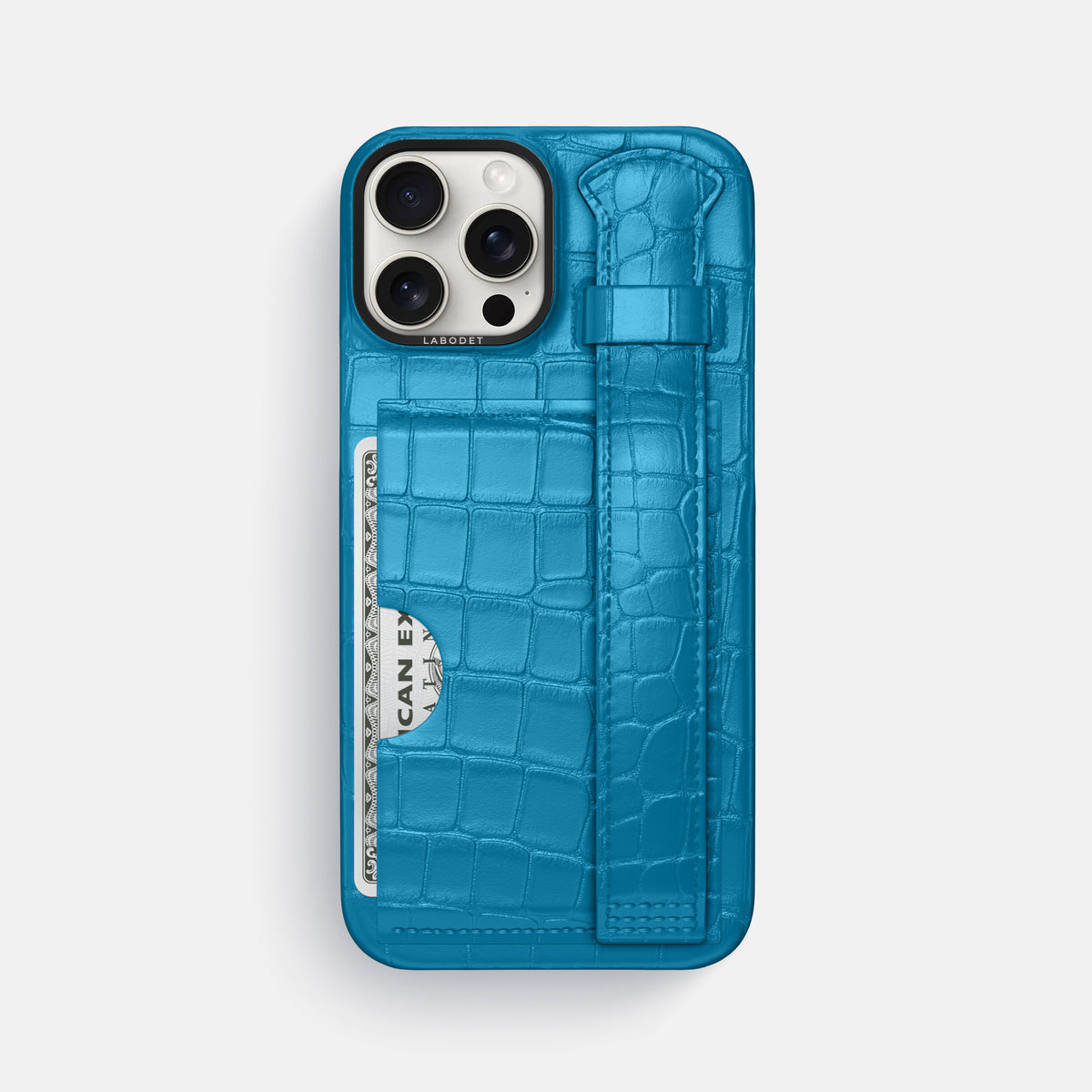 Curaçao-Blue iPhone 16 Pro Max Cardholder Strap Case Alligator with Black Metal -1 | Curaçao-Blue-Black