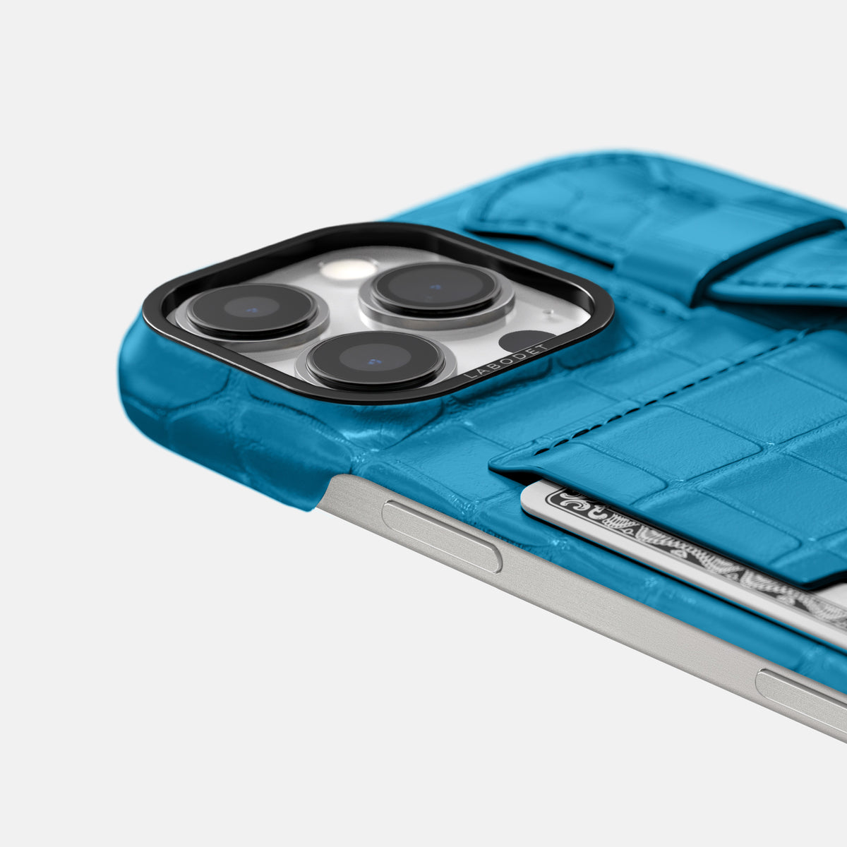 Curaçao-Blue iPhone 16 Pro Max Cardholder Strap Case Alligator with Black Metal -5 | Curaçao-Blue-Black