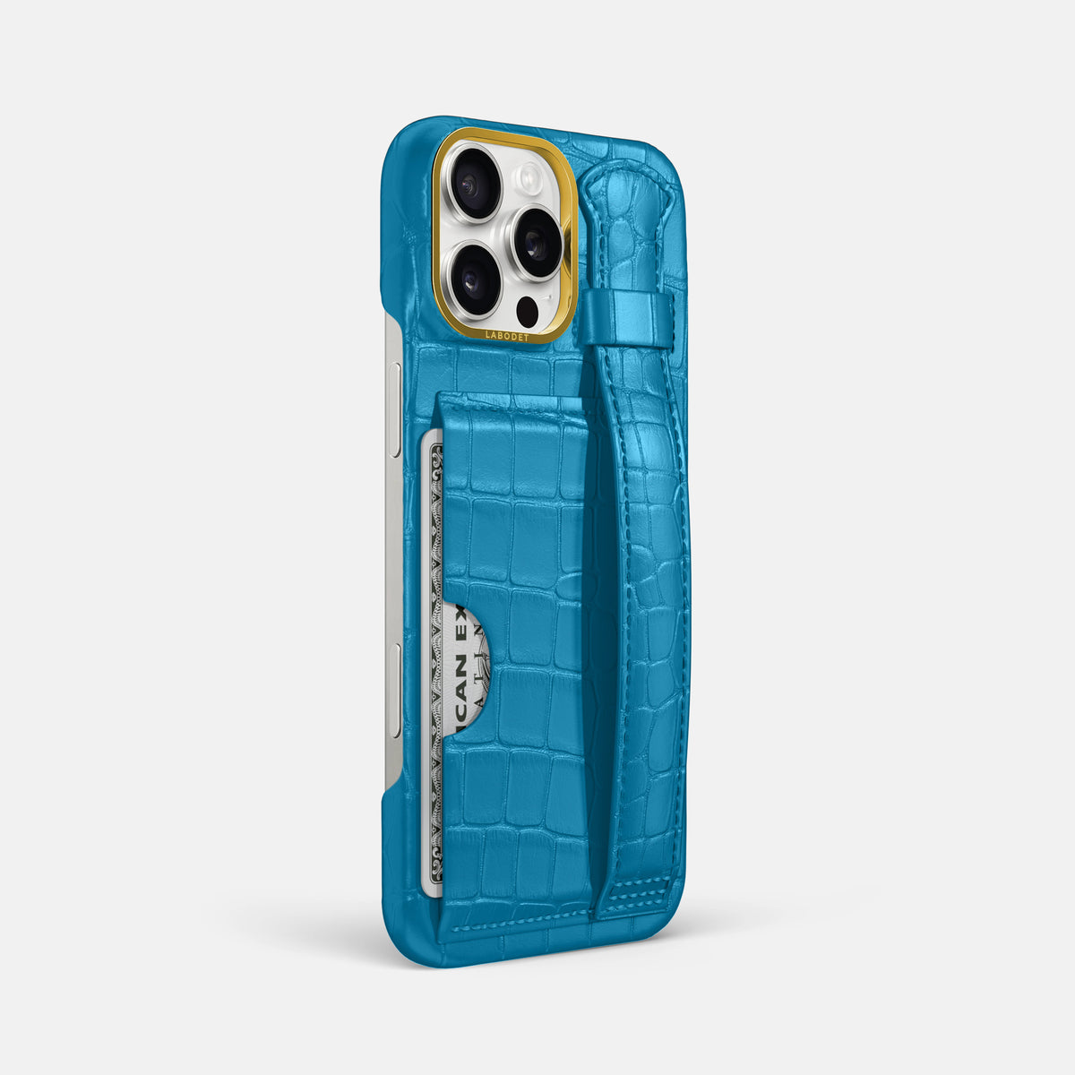 Curaçao-Blue iPhone 16 Pro Max Cardholder Strap Case In Alligator with Gold Metal -2 | Curaçao-Blue-Gold