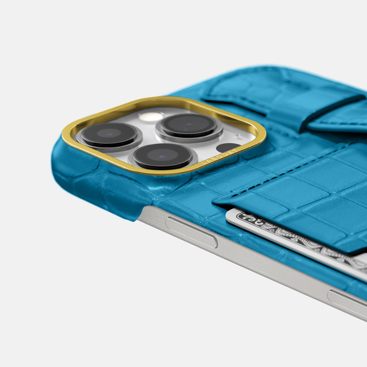 Curaçao-Blue iPhone 16 Pro Max Cardholder Strap Case In Alligator with Gold Metal -5 | Curaçao-Blue-Gold