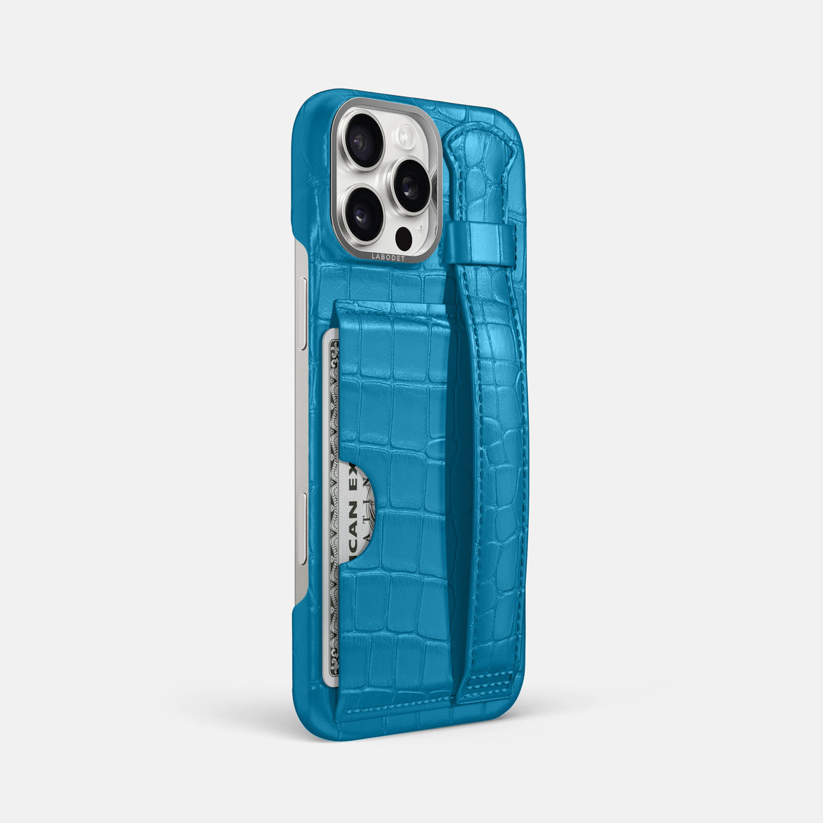 Curaçao-Blue iPhone 16 Pro Max Cardholder Strap Case Alligator with Steel Metal -2 | Curaçao-Blue-Steel