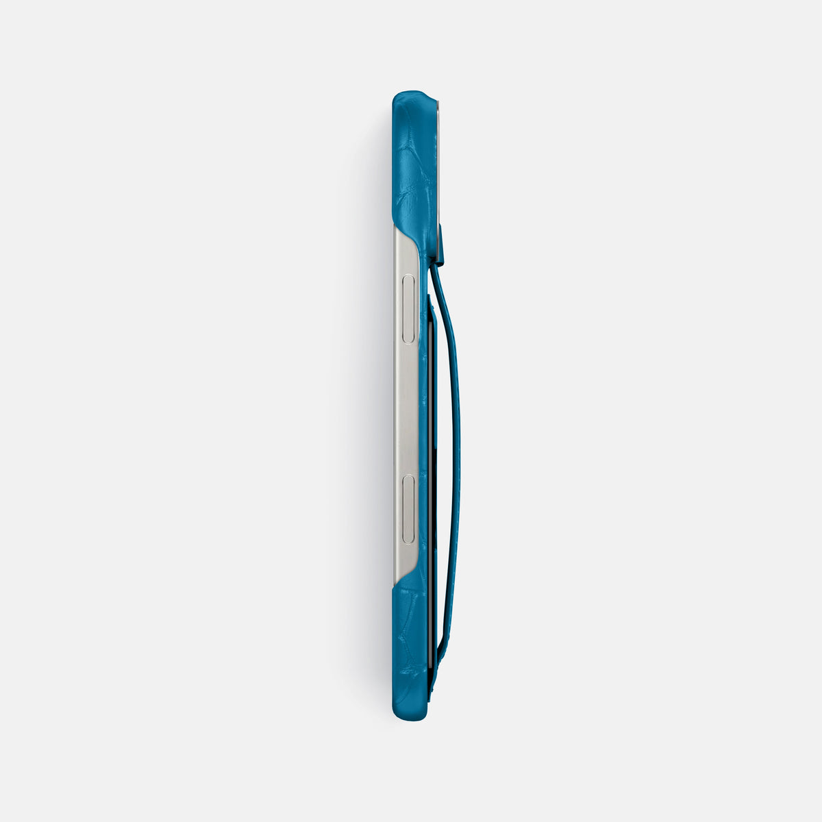 Curaçao-Blue iPhone 16 Pro Max Cardholder Strap Case Alligator with Steel Metal -3 | Curaçao-Blue-Steel