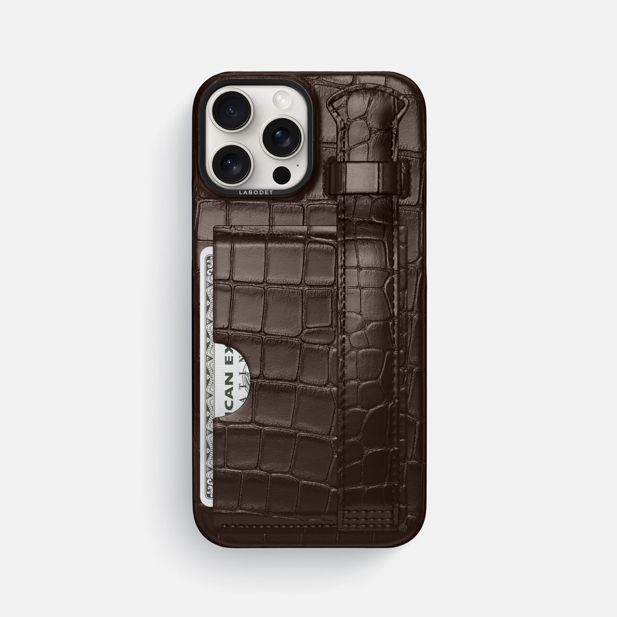 Dark-Brown iPhone 16 Pro Max Cardholder Strap Case Alligator with Black Metal -1 | Dark-Brown-Black