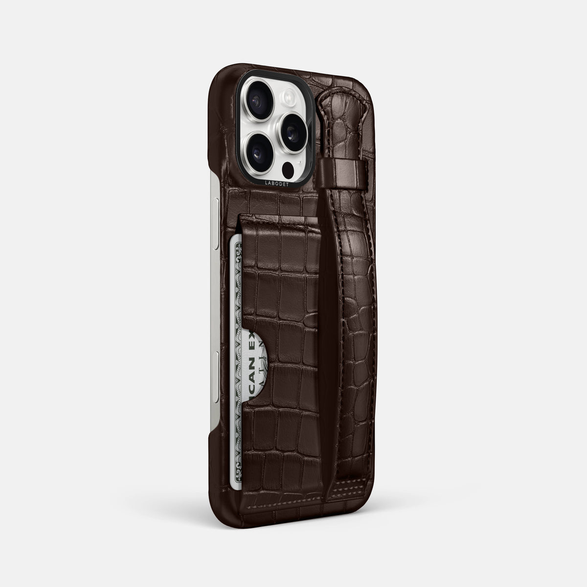 Dark-Brown iPhone 16 Pro Max Cardholder Strap Case Alligator with Black Metal -2 | Dark-Brown-Black
