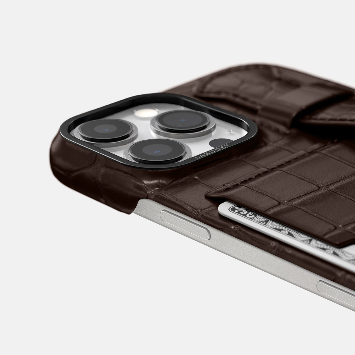 Dark-Brown iPhone 16 Pro Max Cardholder Strap Case Alligator with Black Metal -5 | Dark-Brown-Black