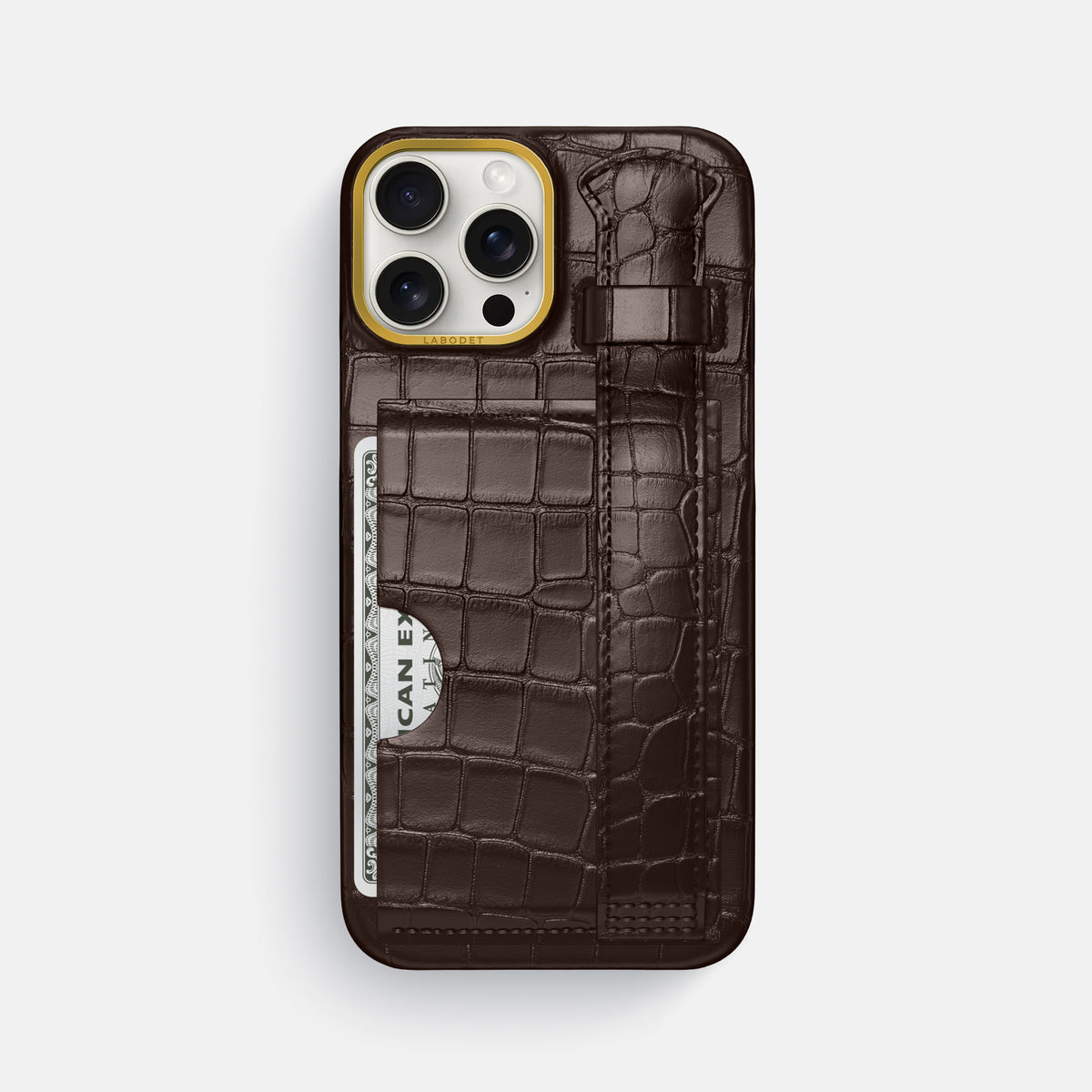 Dark-Brown iPhone 16 Pro Max Cardholder Strap Case In Alligator with Gold Metal -1 | Dark-Brown-Gold
