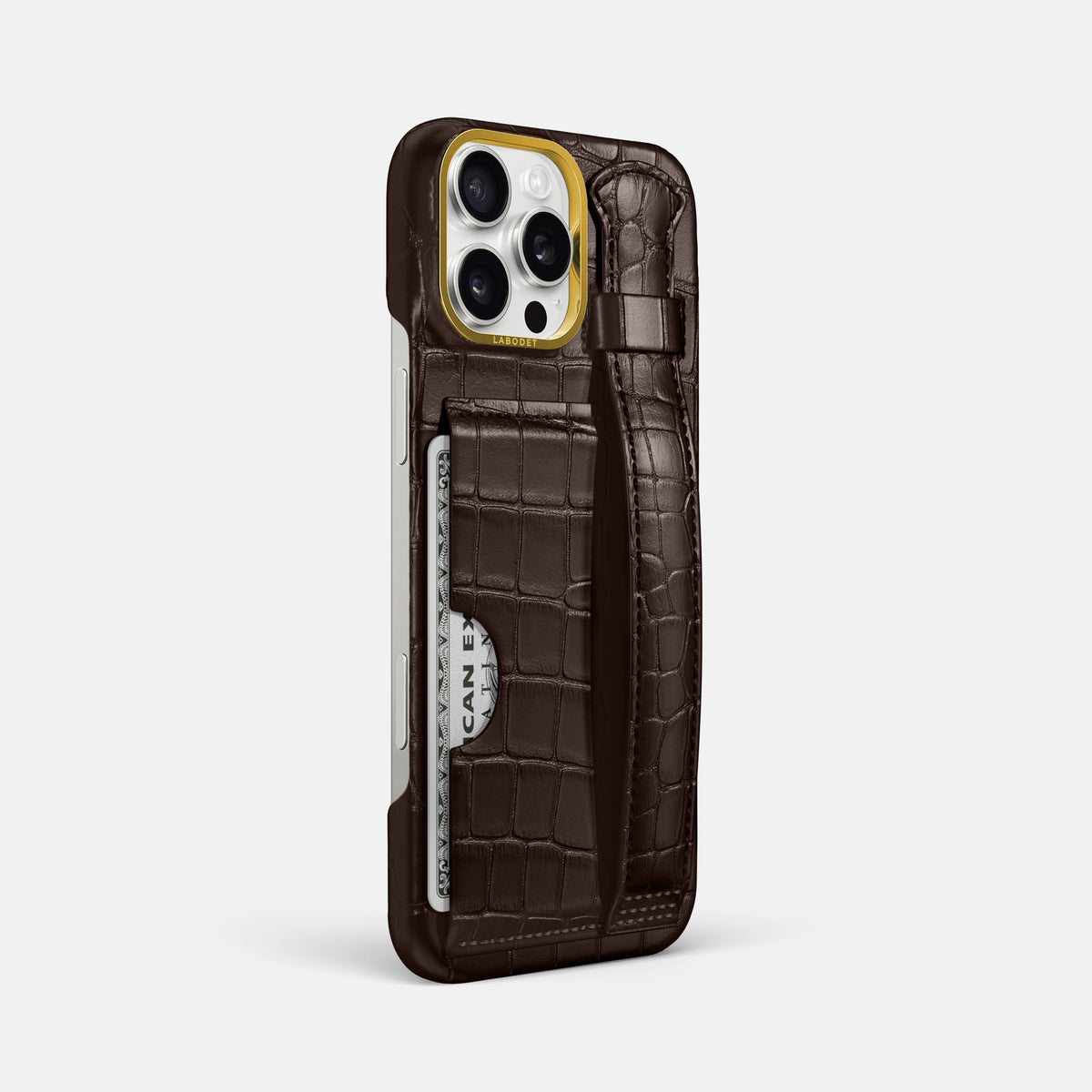Dark-Brown iPhone 16 Pro Max Cardholder Strap Case In Alligator with Gold Metal -2 | Dark-Brown-Gold