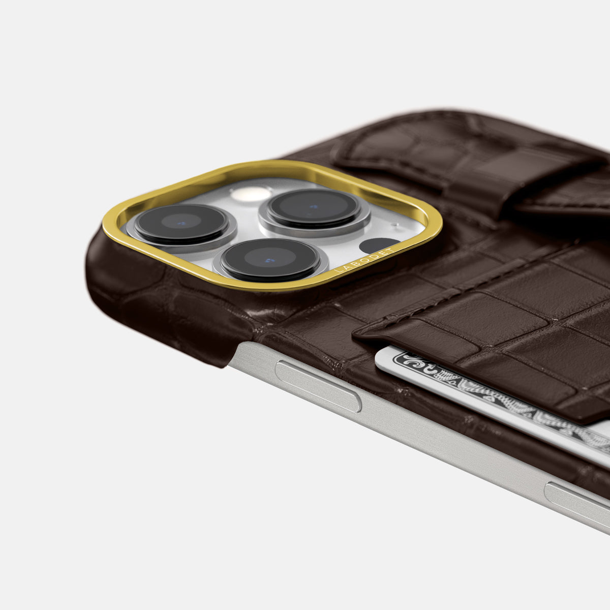 Dark-Brown iPhone 16 Pro Max Cardholder Strap Case In Alligator with Gold Metal -5 | Dark-Brown-Gold