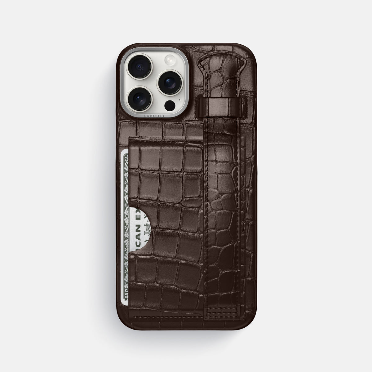 Dark-Brown iPhone 16 Pro Max Cardholder Strap Case Alligator with Steel Metal -1 | Dark-Brown-Steel