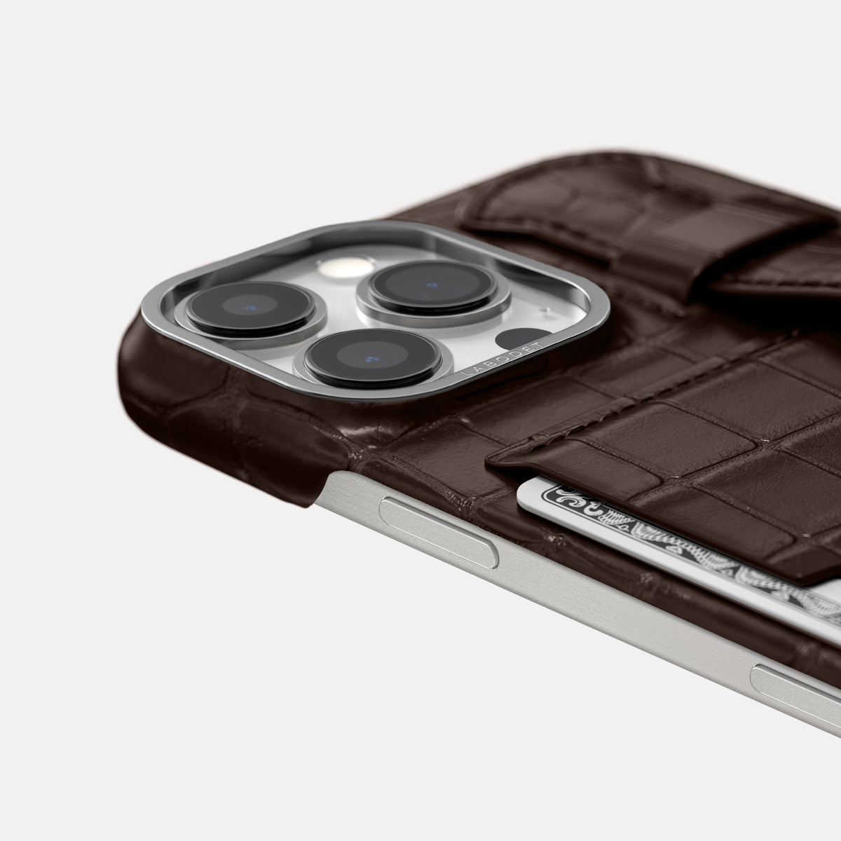 Dark-Brown iPhone 16 Pro Max Cardholder Strap Case Alligator with Steel Metal -5 | Dark-Brown-Steel