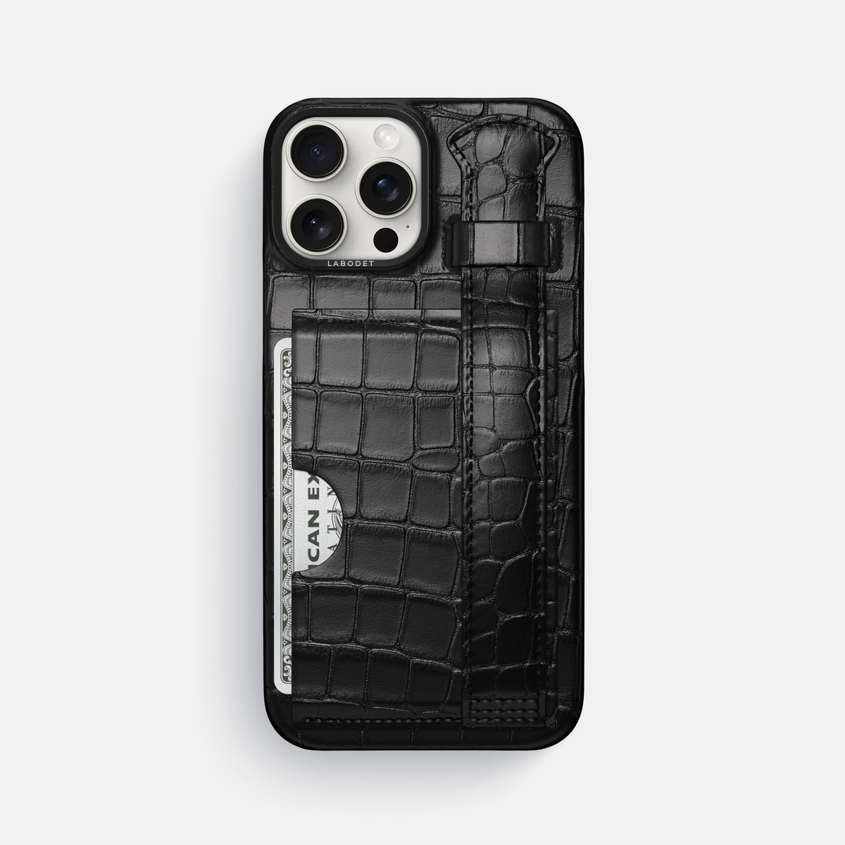 Black iPhone 16 Pro Max Cardholder Strap Case Alligator with Black Metal -1 | Black-Black