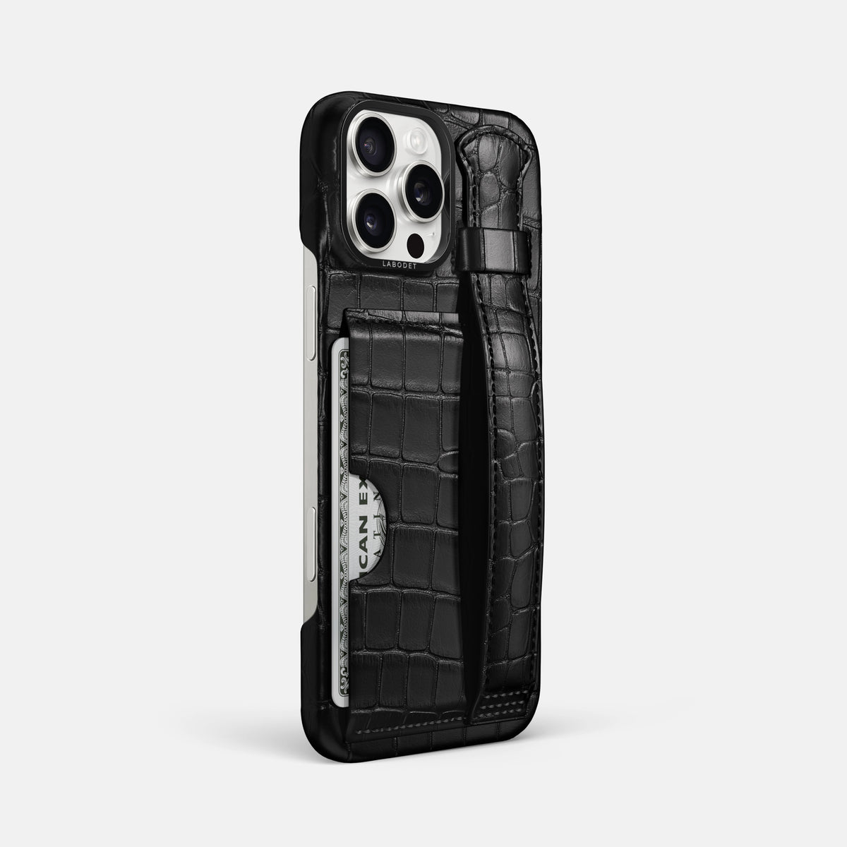 Black iPhone 16 Pro Max Cardholder Strap Case Alligator with Black Metal -2 | Black-Black