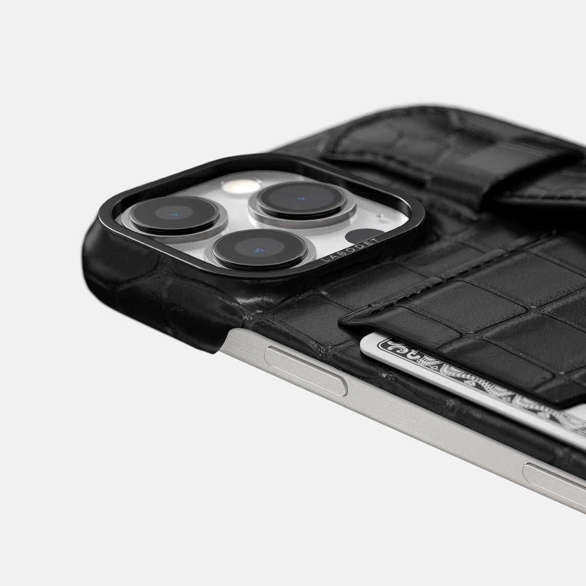 Black iPhone 16 Pro Max Cardholder Strap Case Alligator with Black Metal -5 | Black-Black