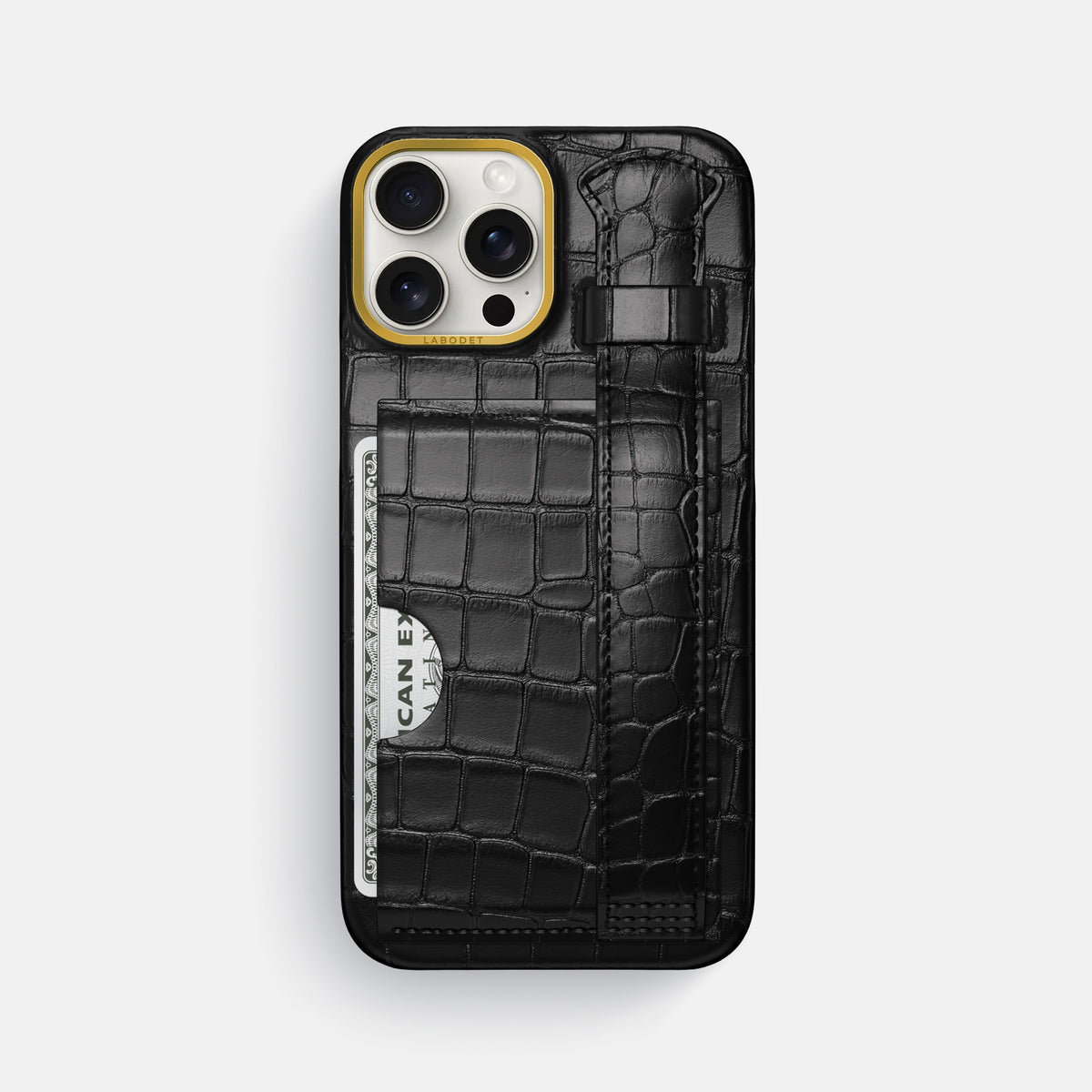 Black iPhone 16 Pro Max Cardholder Strap Case In Alligator with Gold Metal -1 | Black-Gold