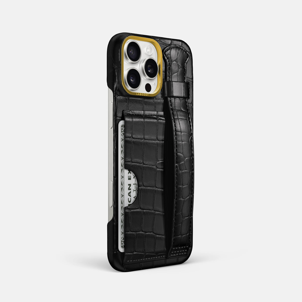 Black iPhone 16 Pro Max Cardholder Strap Case In Alligator with Gold Metal -2 | Black-Gold