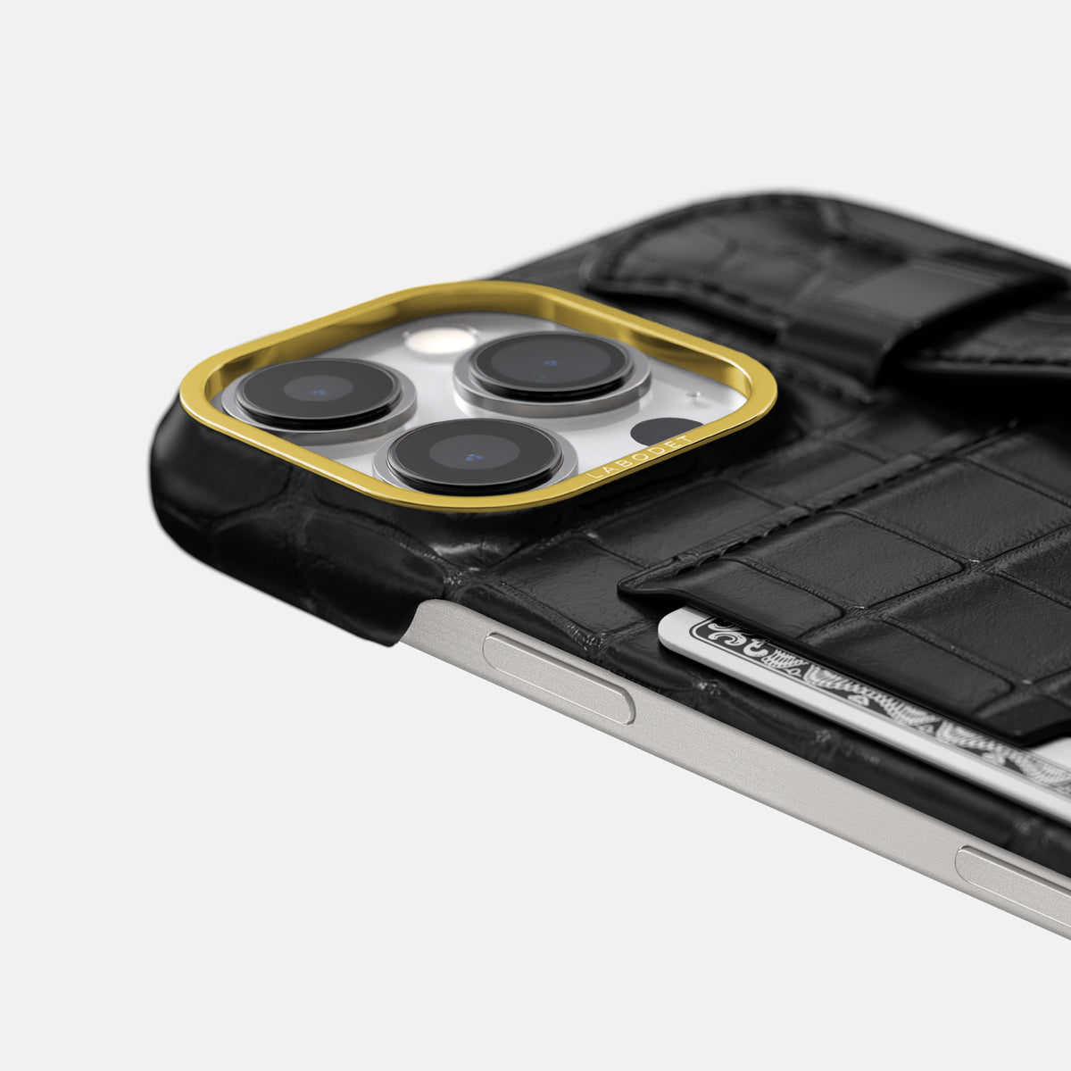 Black iPhone 16 Pro Max Cardholder Strap Case In Alligator with Gold Metal -5 | Black-Gold