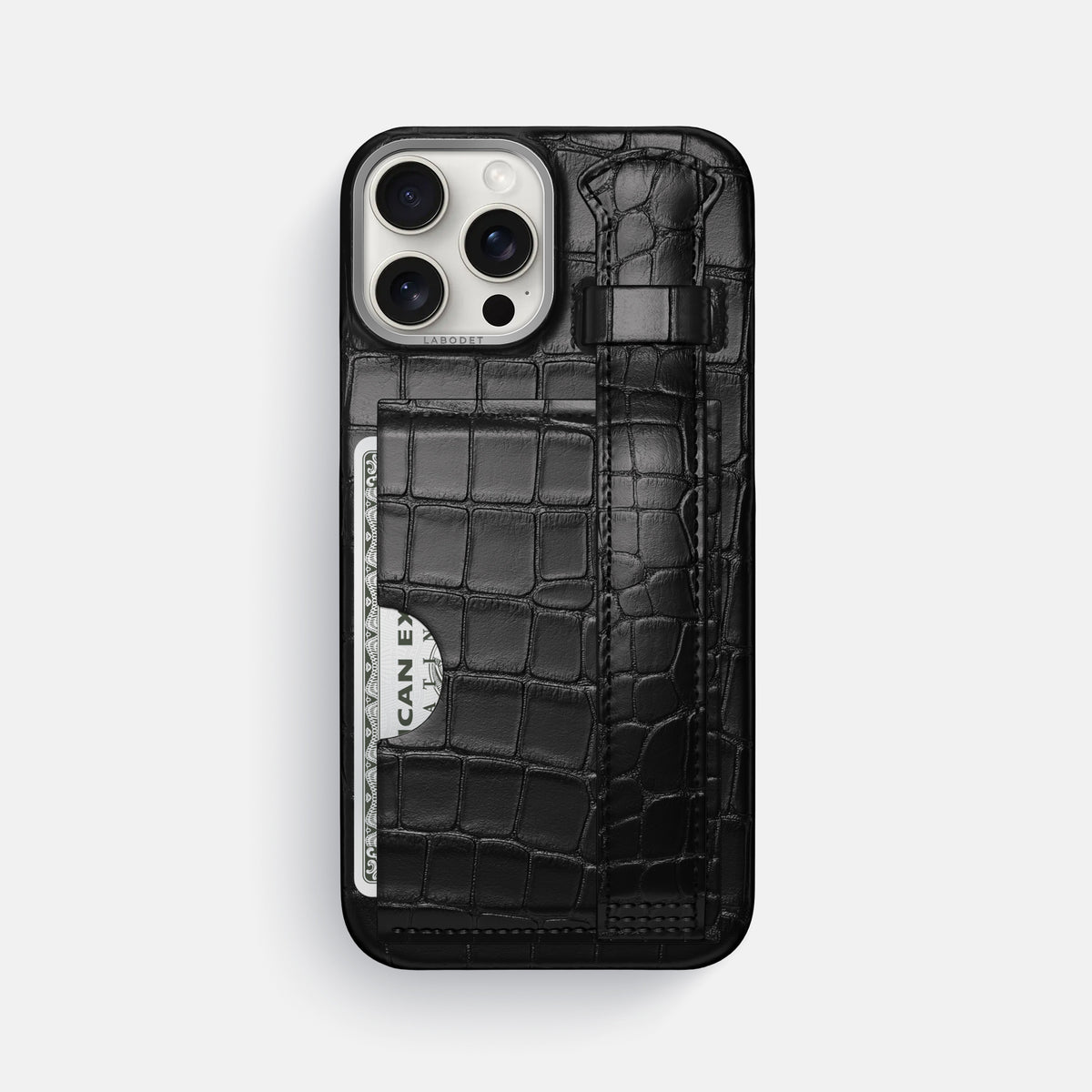 Black iPhone 16 Pro Max Cardholder Strap Case Alligator with Steel Metal -1 | Black-Steel