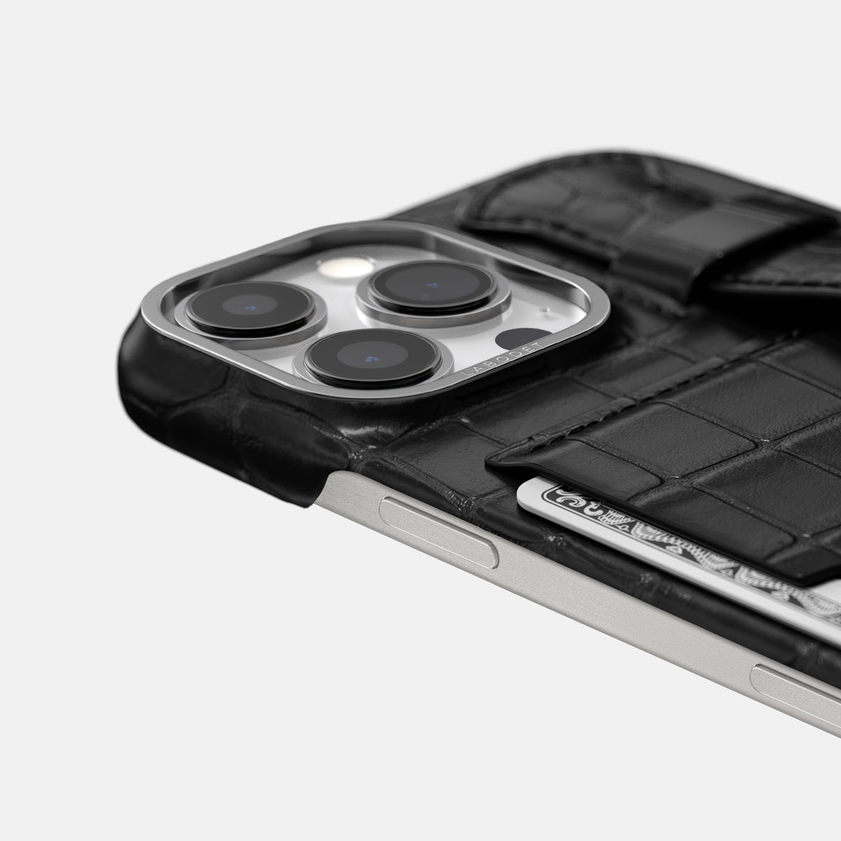 Black iPhone 16 Pro Max Cardholder Strap Case Alligator with Steel Metal -5 | Black-Steel
