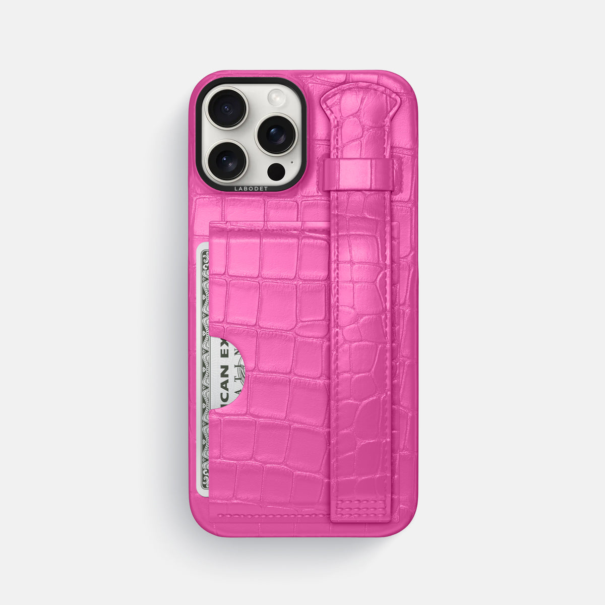 Fuchsia iPhone 16 Pro Max Cardholder Strap Case Alligator with Black Metal -1 | Fuchsia-Black