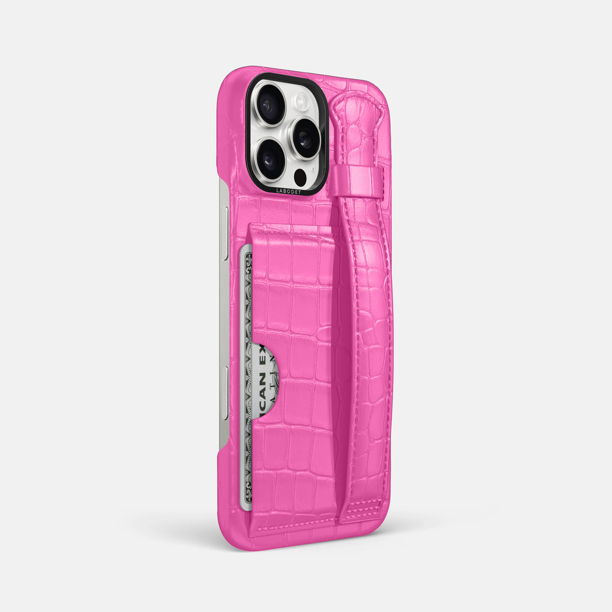 Fuchsia iPhone 16 Pro Max Cardholder Strap Case Alligator with Black Metal -2 | Fuchsia-Black