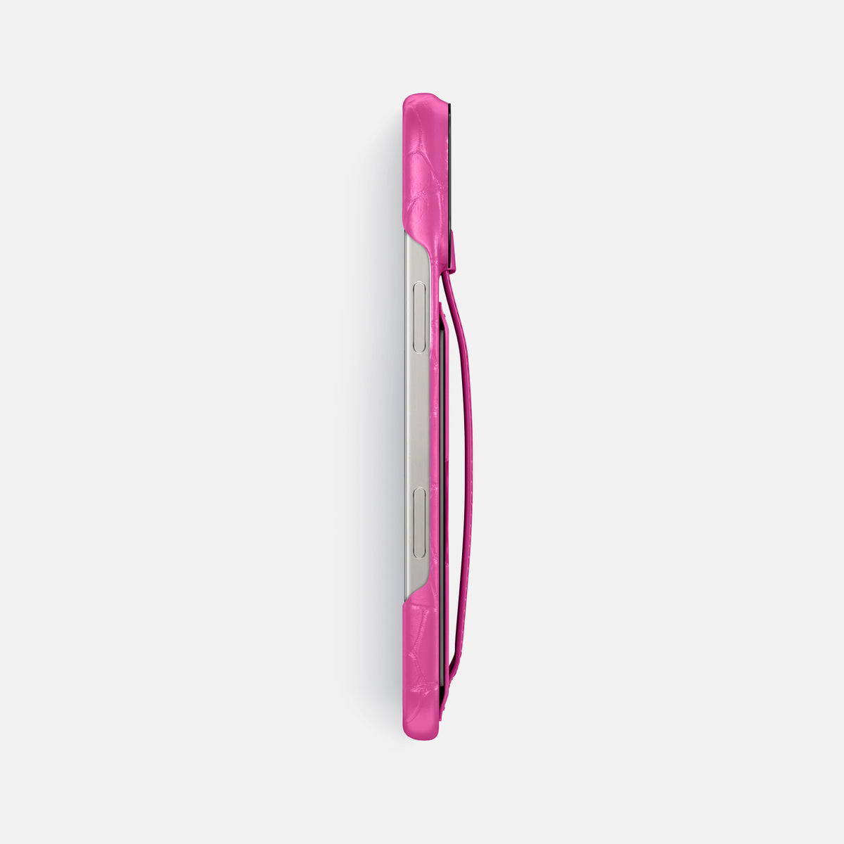 Fuchsia iPhone 16 Pro Max Cardholder Strap Case Alligator with Black Metal -3 | Fuchsia-Black