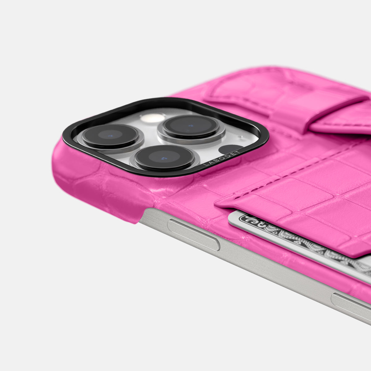 Fuchsia iPhone 16 Pro Max Cardholder Strap Case Alligator with Black Metal -5 | Fuchsia-Black