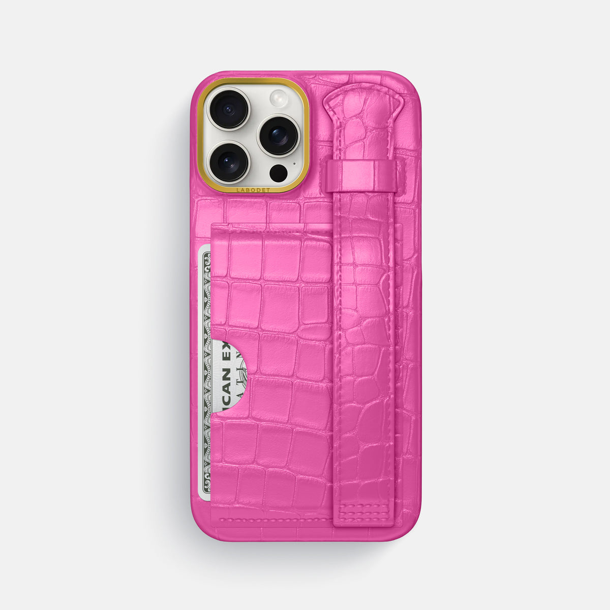 Fuchsia iPhone 16 Pro Max Cardholder Strap Case In Alligator with Gold Metal -1 | Fuchsia-Gold