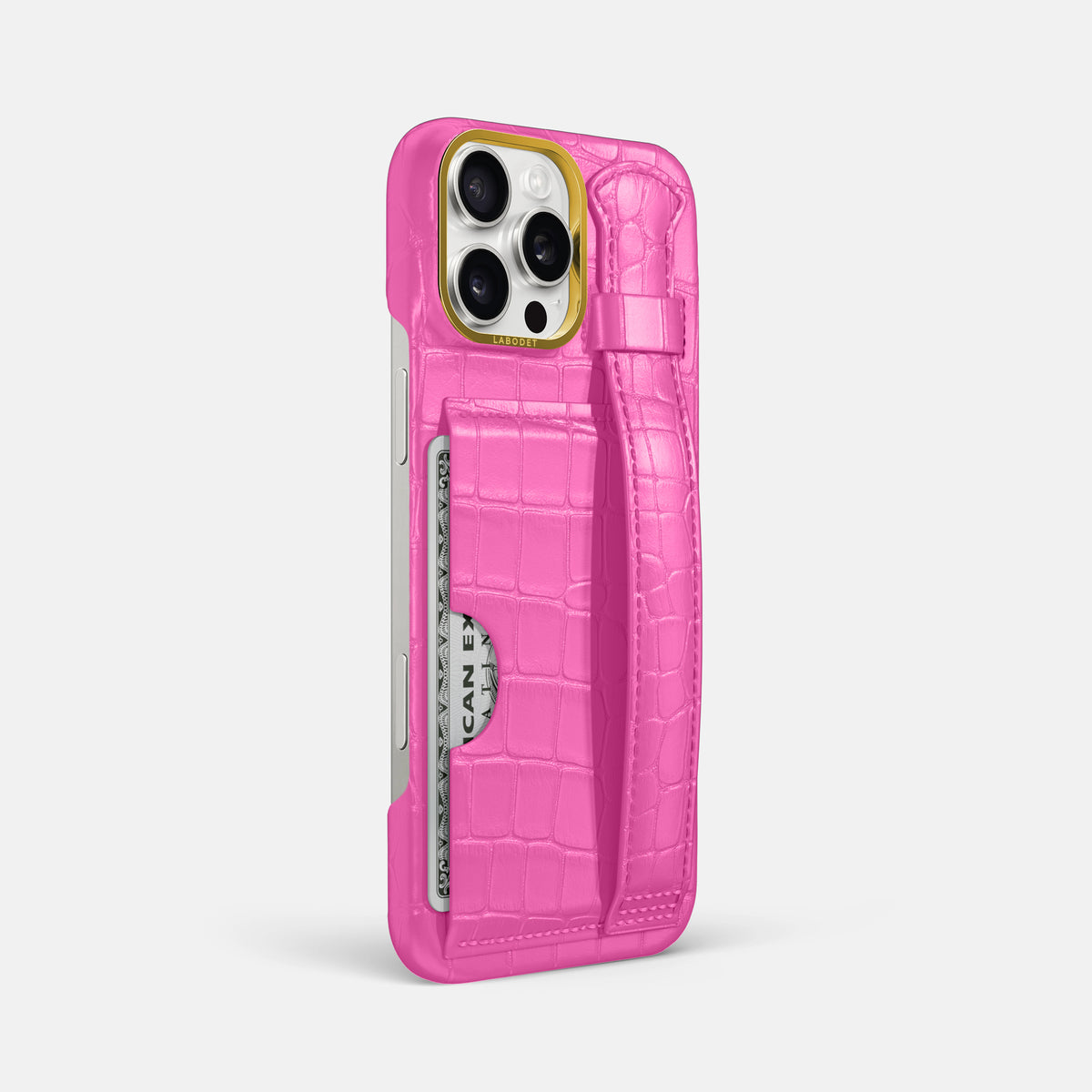 Fuchsia iPhone 16 Pro Max Cardholder Strap Case In Alligator with Gold Metal -2 | Fuchsia-Gold